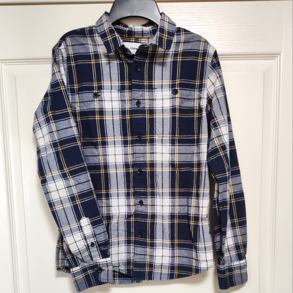 Boys Sonoma Plaid Button Down Collared Blue White Yellow Shirt Sz. L